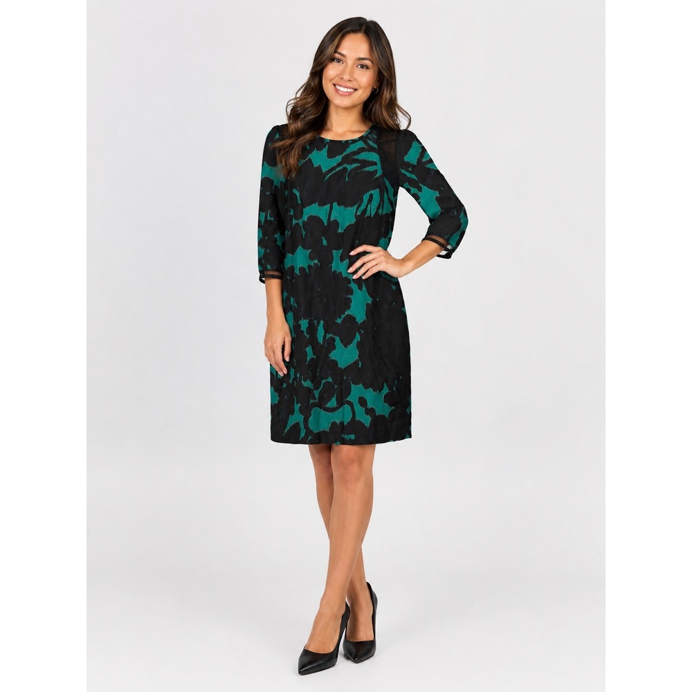 Milly Green Black Abstract Floral Sheath Dress Mesh Shoulder Detail Size 6